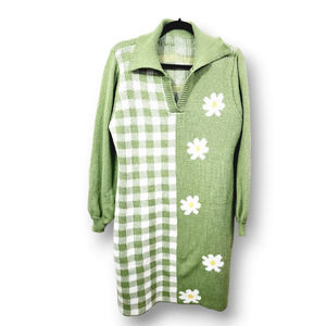 Flower Power Daisy Floral Green White Cozy Plush Knit Sweater Dress Women's XL